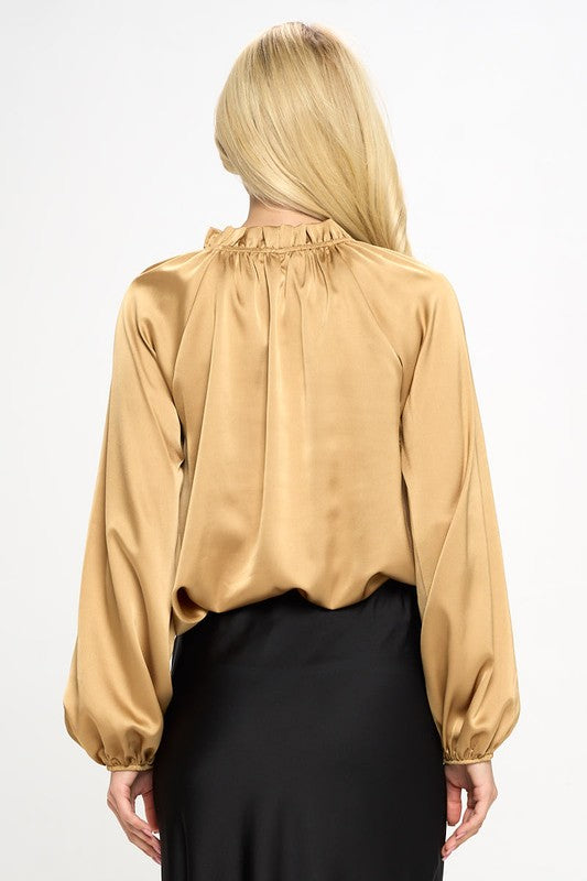 PLUS Solid Satin Ruffle Mock Neck Top