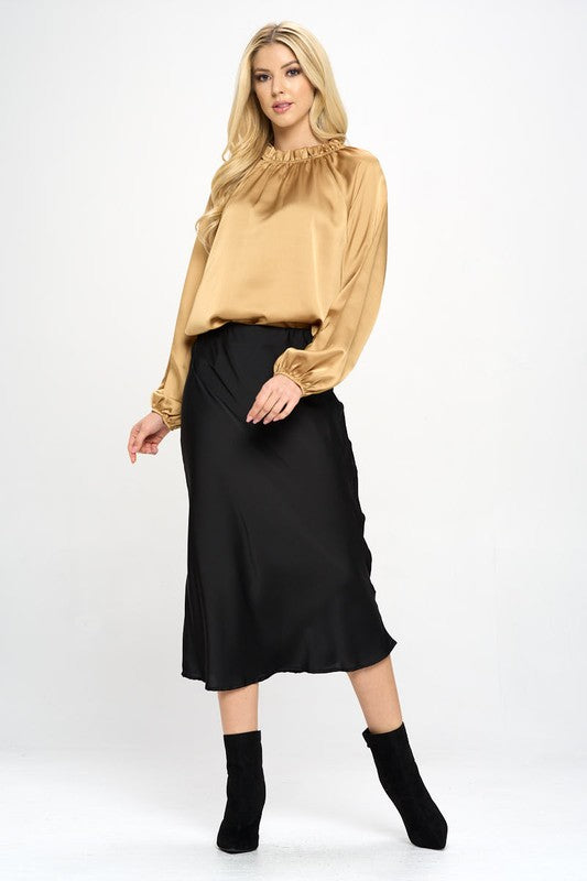 PLUS Solid Satin Ruffle Mock Neck Top