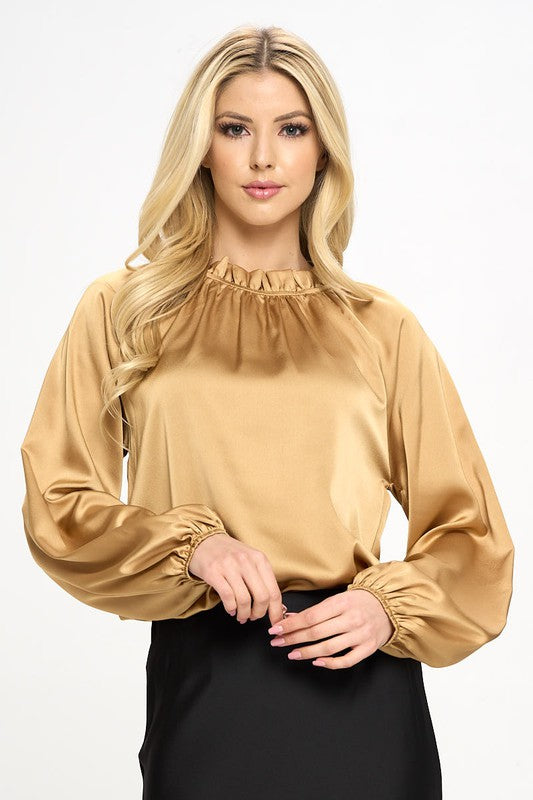 PLUS Solid Satin Ruffle Mock Neck Top