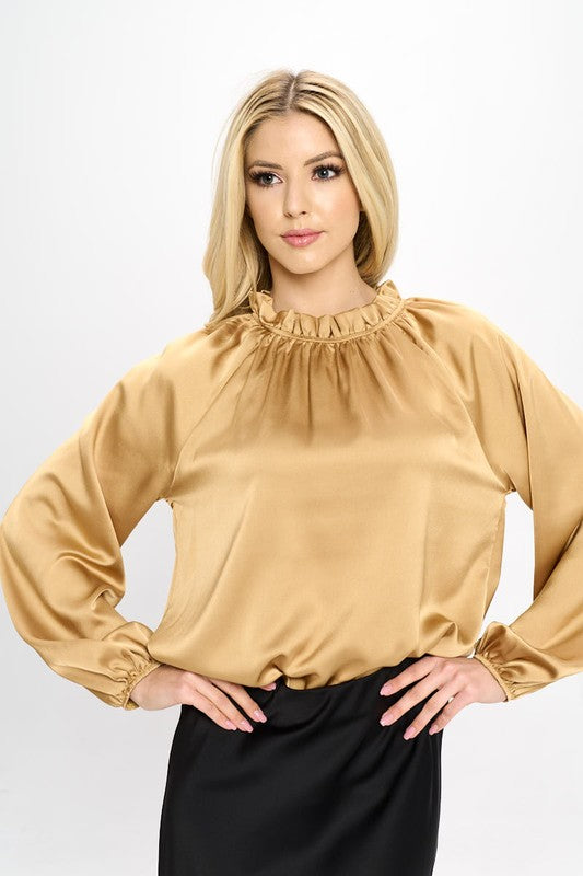 PLUS Solid Satin Ruffle Mock Neck Top