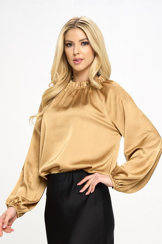 PLUS Solid Satin Ruffle Mock Neck Top