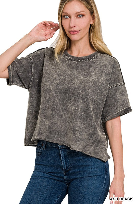 French Terry Acid Wash Raw Edge Crop Top