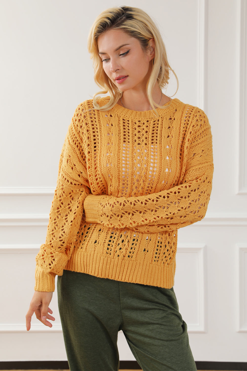 Ginger Cable Knit Hollow Out Drop Shoulder Sweater