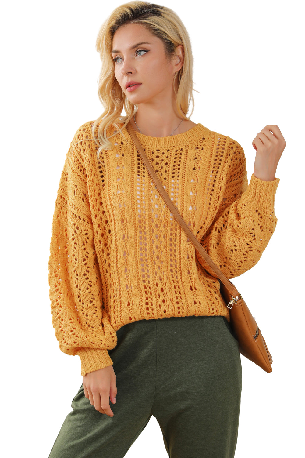 Ginger Cable Knit Hollow Out Drop Shoulder Sweater