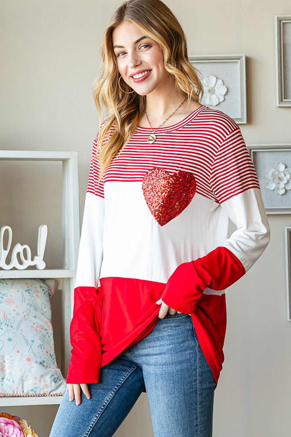 Fiery Red Valentine's Day Sequin Heart Striped Colorblock Top