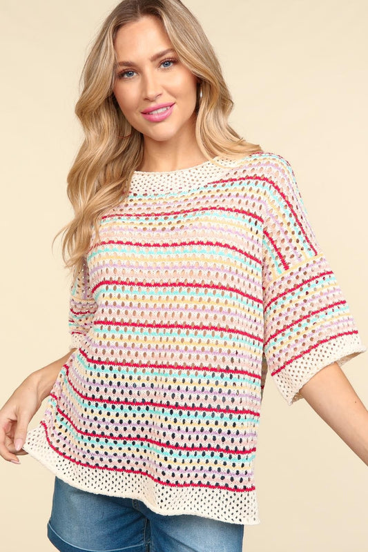 Haptics Striped Crochet Drop Shoulder Knit Top