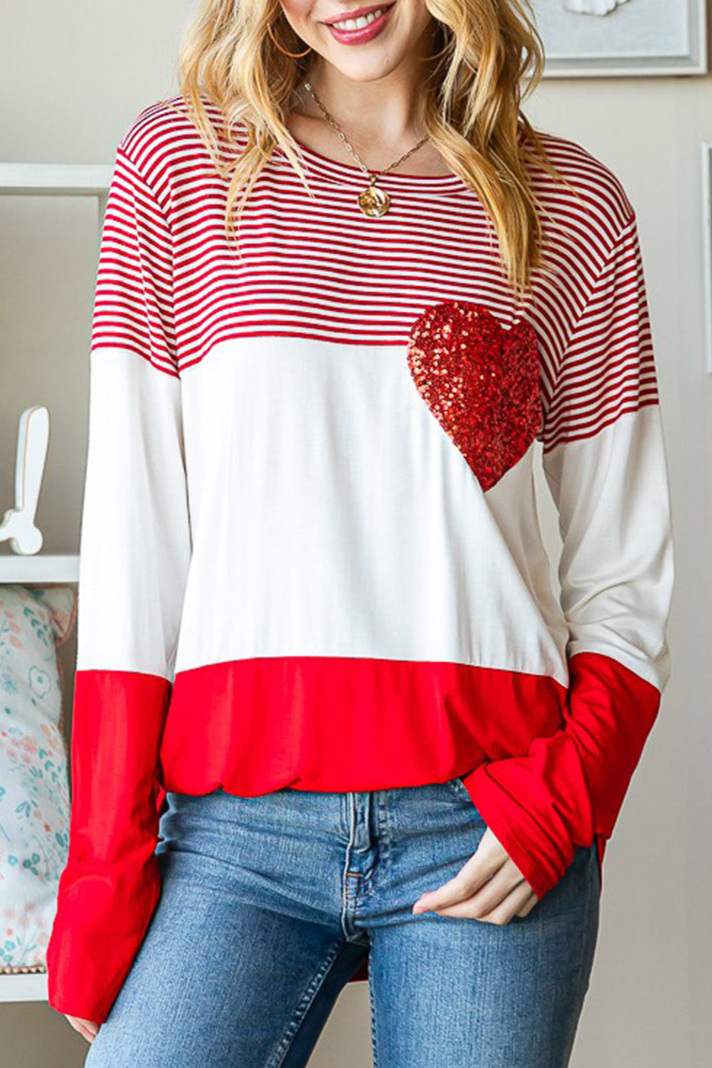 Fiery Red Valentine's Day Sequin Heart Striped Colorblock Top