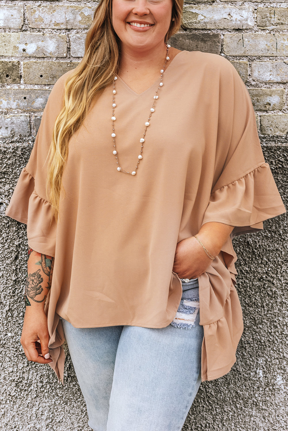 Smoke Gray Plus Size Ruffled Batwing Sleeve V Neck Blouse